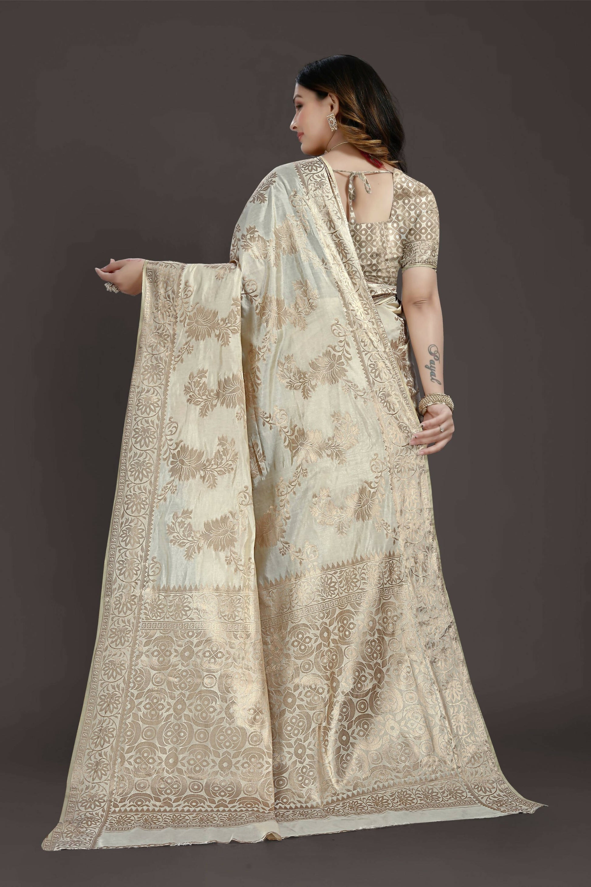 Off White Pure Raw Silk Zari Woven Saree with Unstitched Blouse Piece - Alisha