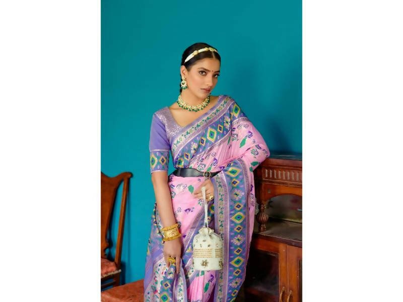 Aastha Fashion Women's Baby Pink Paithani Silk Meenakari Zari Woven Saree with Blouse - Grab2buy