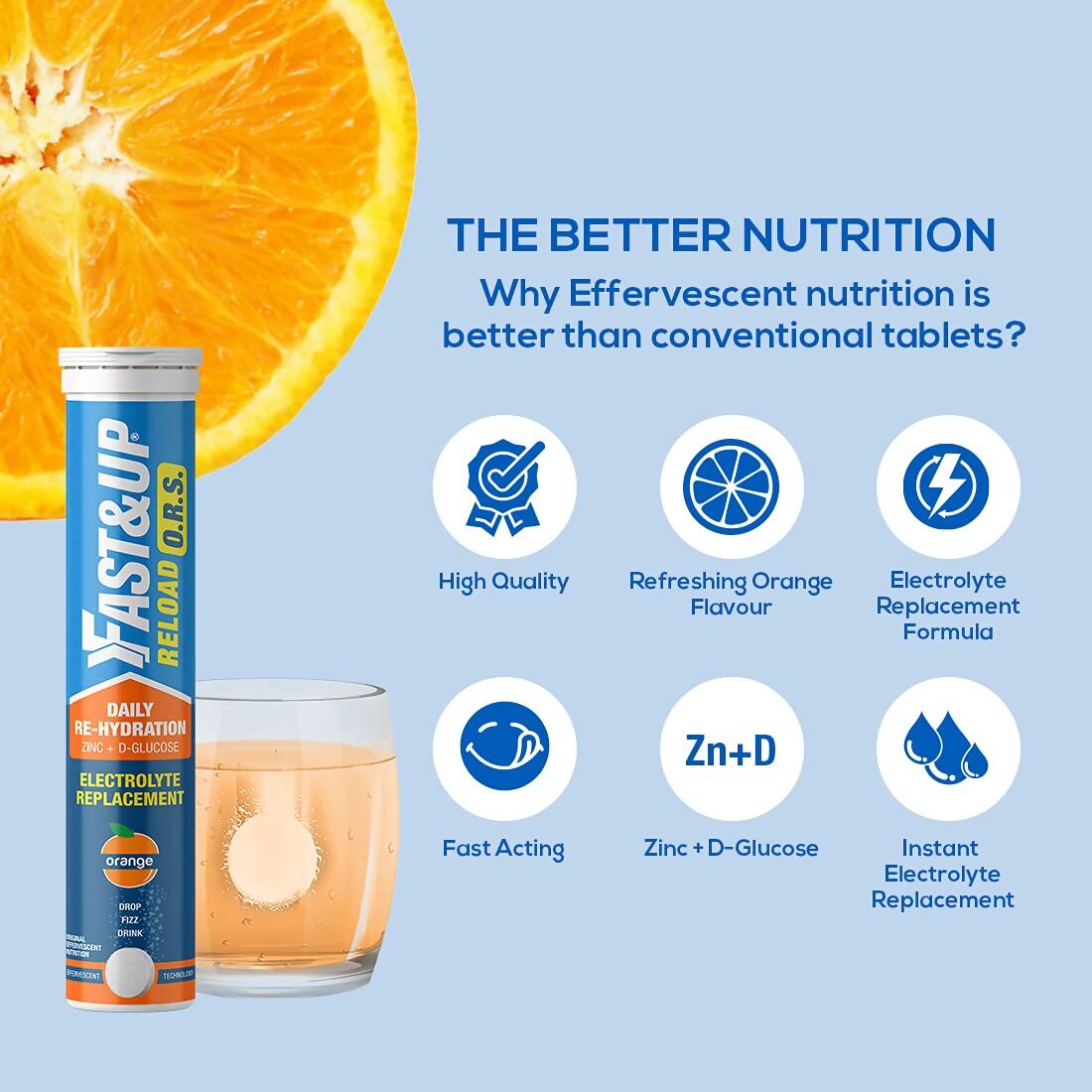Fast&Up Reload O.R.S Effervescent Electrolyte Tablets - Orange 