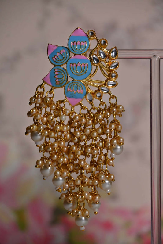 Sky Blue And Pink Ethnic Enamel Meenakari Lotus Earrings By House of Ree House of Ree