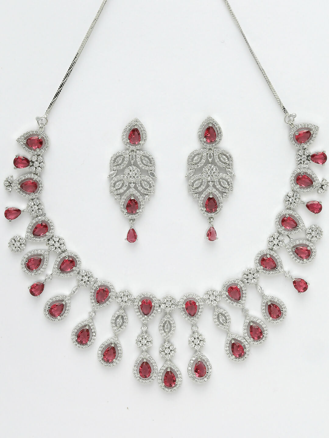 NVR Women's silver plated Maroon CZ stone handcrafted jewellery set - Grab2buy
