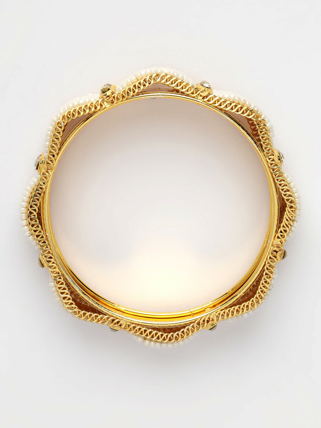 NVR Women's Set of 2 Gold-Polished Pearl Handcrafted Traditional Bangles 
