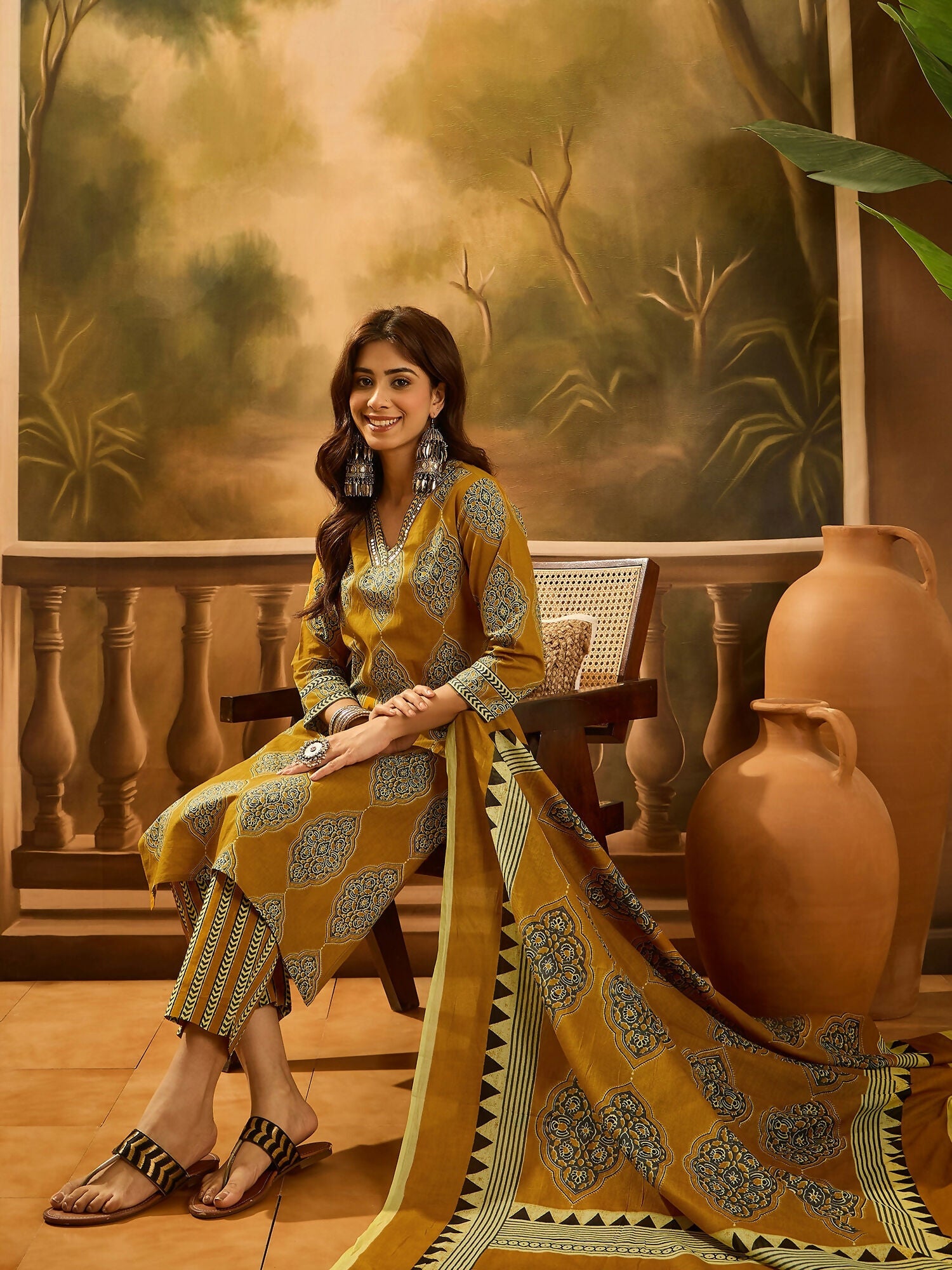 Joban Fashion Printed Mustard Pure Cotton Kurta Set