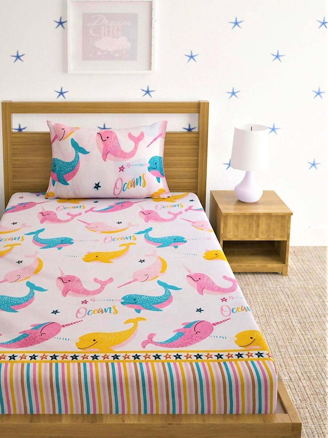 Home Sizzler Pink & Blue Cartoon 210 TC Cotton Bedsheet with Pillow Covers 