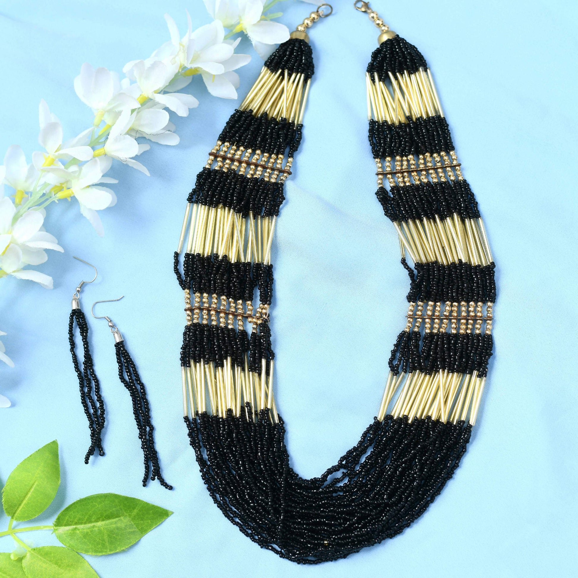 Mominos Fashion Johar Kamal Handicraft Finish Beads Work Long Necklace For Women (Black /Golden) - Grab2buy