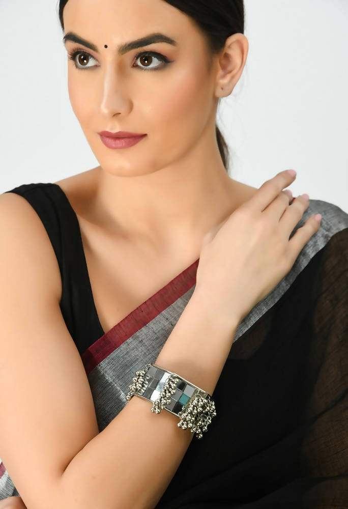Mominos Fashion Kamal Johar Mirror Oxidised Silver Bangles Set 