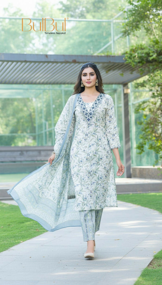 BulBul Fashionista Cotton Floral Blue Kurta Set with Dupatta 