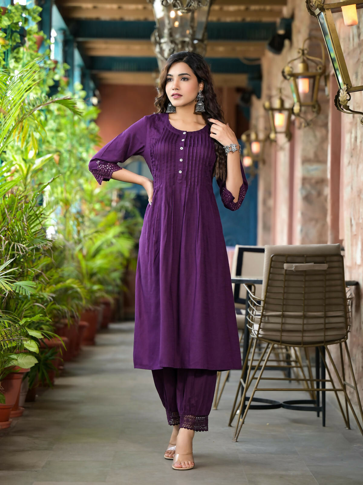 Juniper Women's Plum Thread Embroidered Liva Rayon Kurta Set With Buttons & Mirror Work
