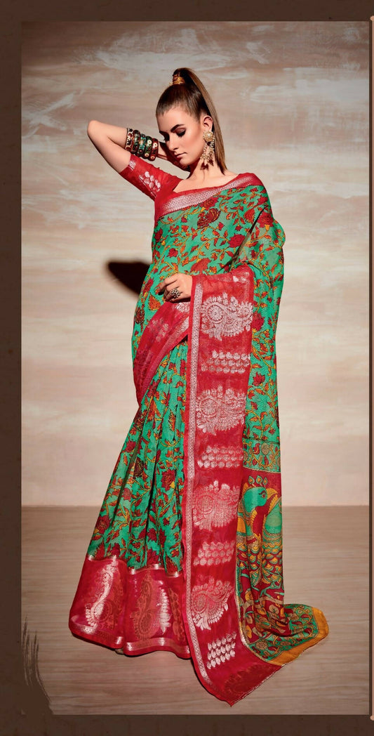 Sea Green Cotton Floral Printed Saree With Unstitched Blouse Piece - Kathika