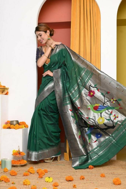 Very Much Indian Handloom Dark Green Muniya Border Cotton Paithani With Parrot Pallu - Grab2buy