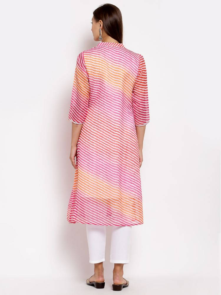 Myshka Women's Pink Cotton Printed 3/4 Sleeve Round Neck Casual Kurta
