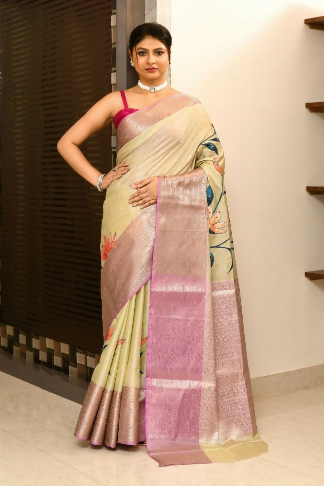 Joban Fashion Lavender & Brown Saree Kataan Applick Witch Mirror