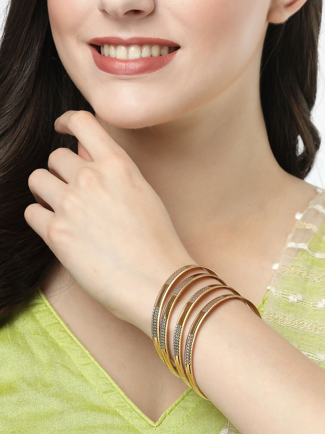 NVR Women's Set of 4 Gold-Polished CZ-Studded Traditional Bangles | Grab2Buy