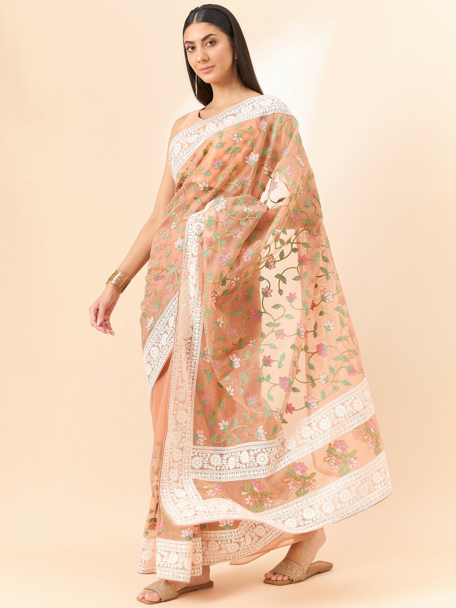 Peach Organza Floral Embroidered Saree with Unstitched Blouse Piece - Roozal