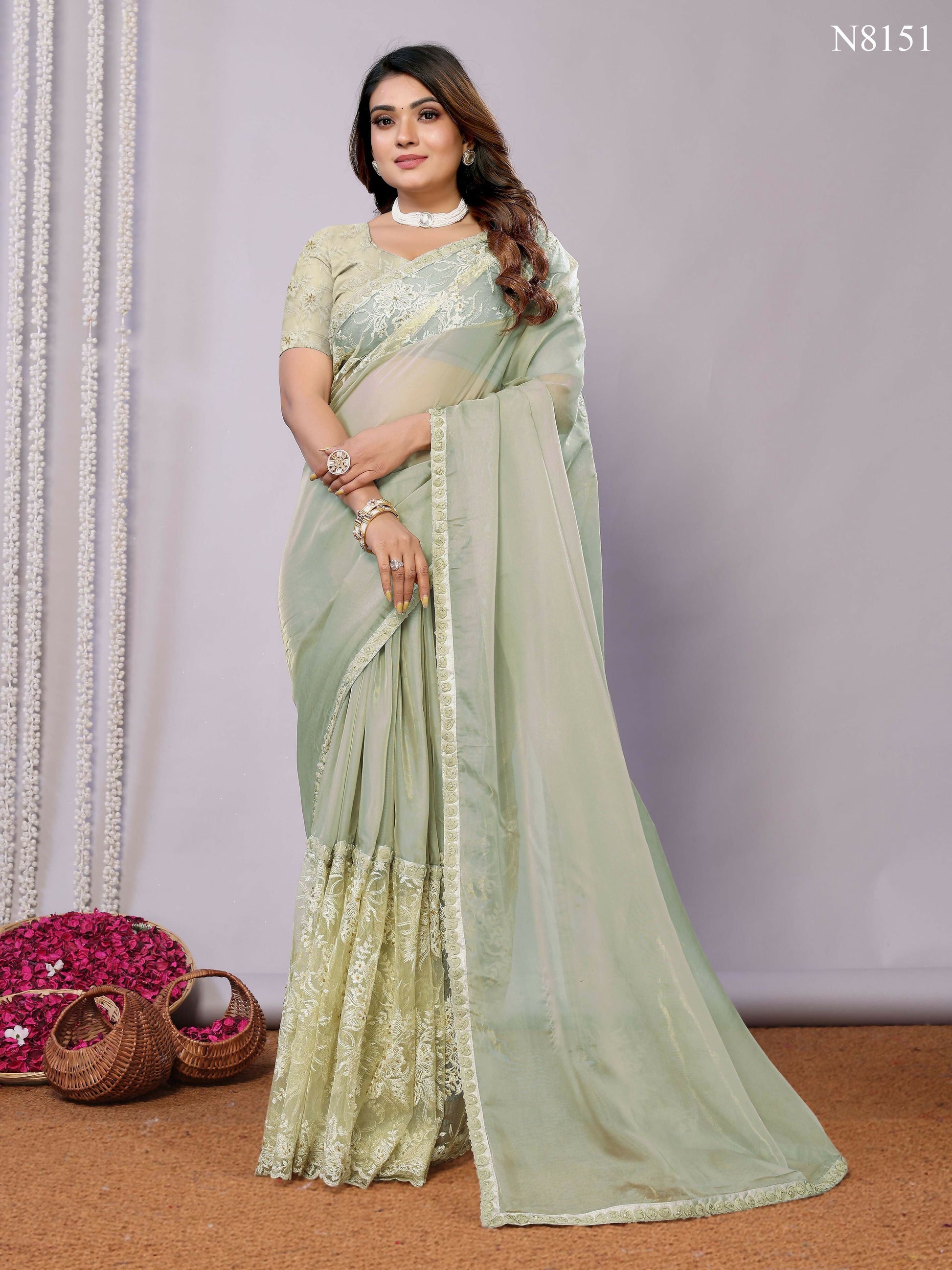Green Glass Tissue,Net Embroidered Saree With Stitched Blouse - Nimaya Kaksha