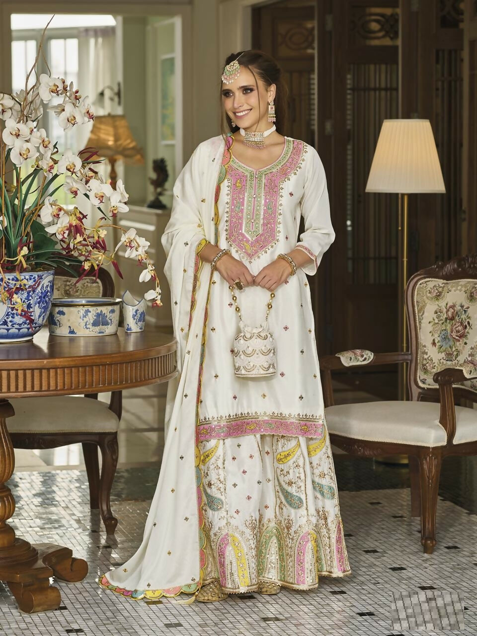 Anaita White Embroidered Silk Stitched Plazo Suit
