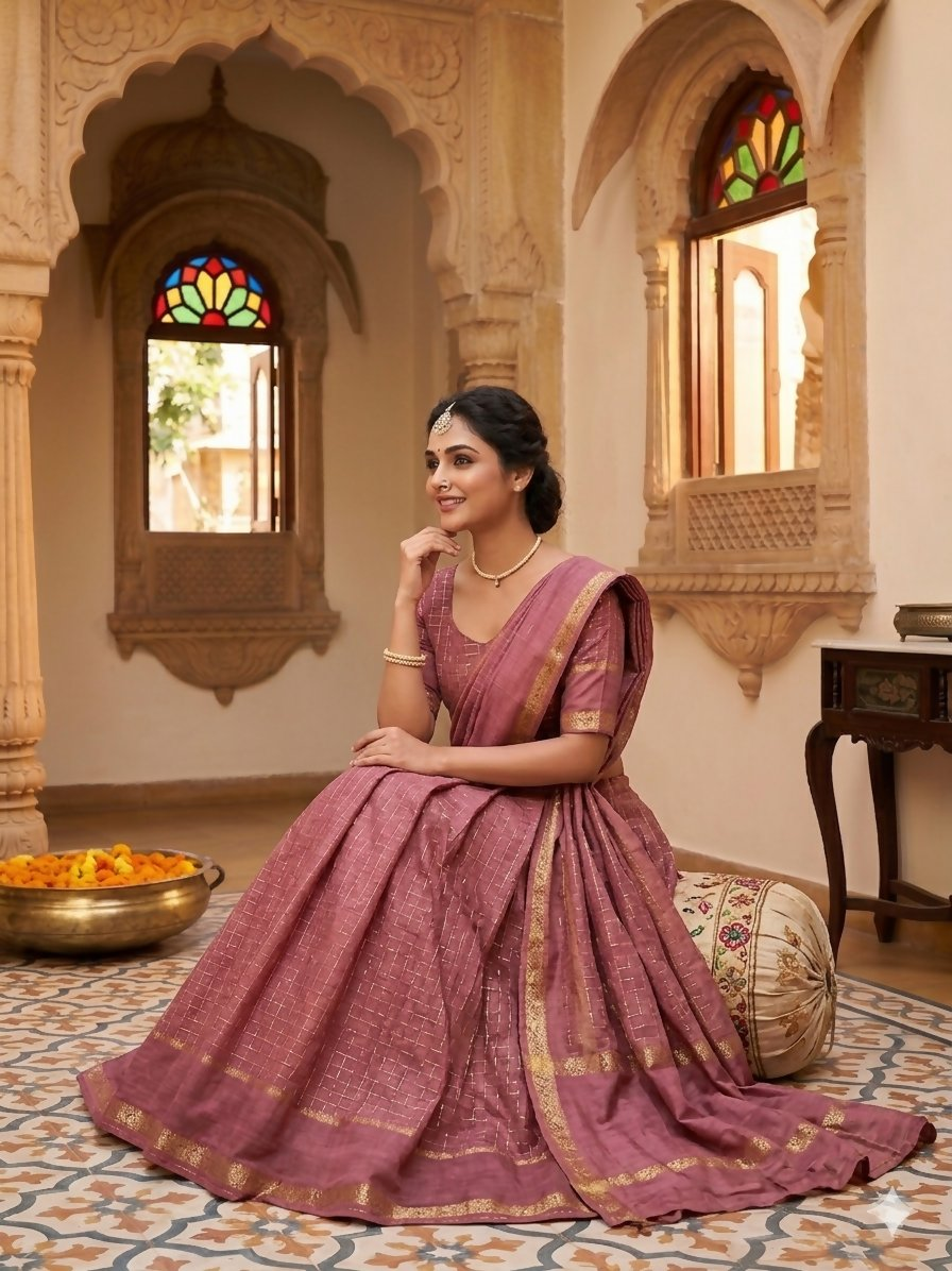 Teeya Creation New South Indian Silk Checked Half Saree Lehenga Choli with Zari Border-Pink
