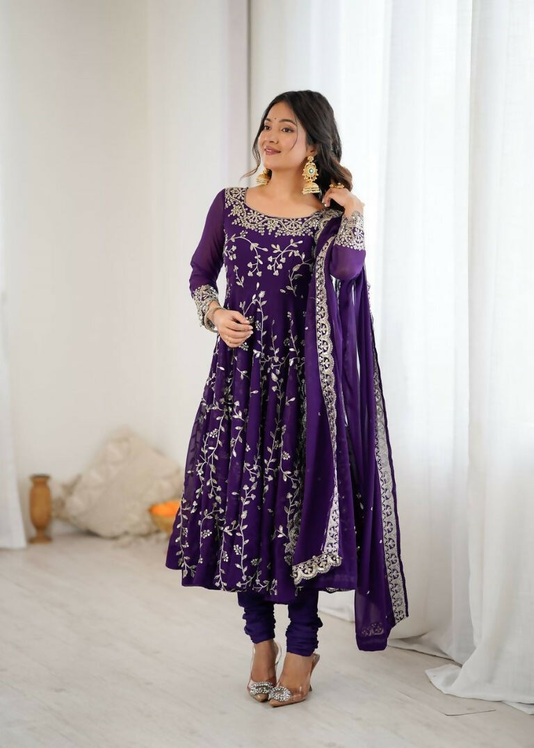 Teeya Creation Purple Color Heavy Faux Georgette Embroidery Work Gown