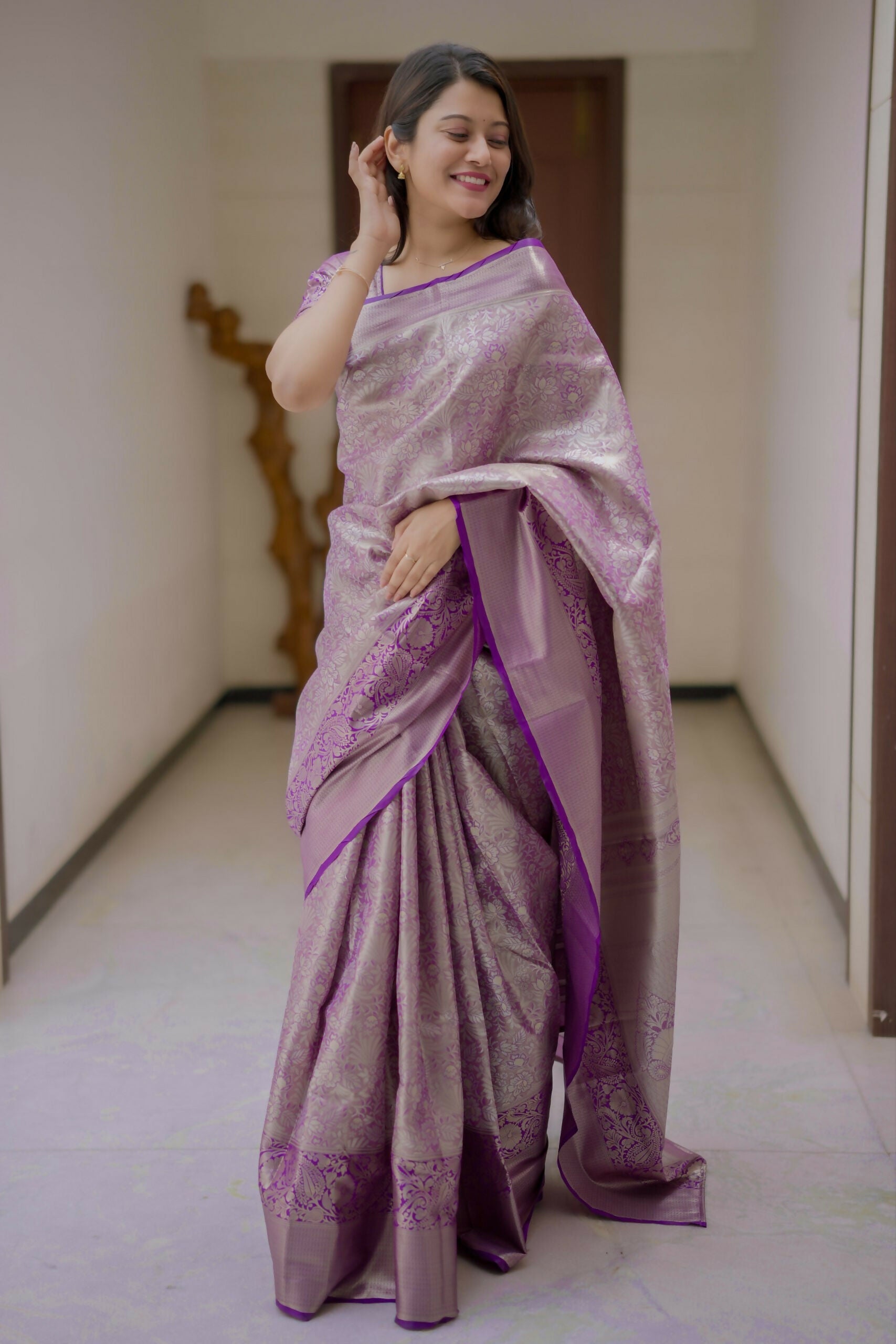Prime Volt Bridal Kanchipuram Silk Saree with Rich Zari Weaving & Contrast Border-Purple