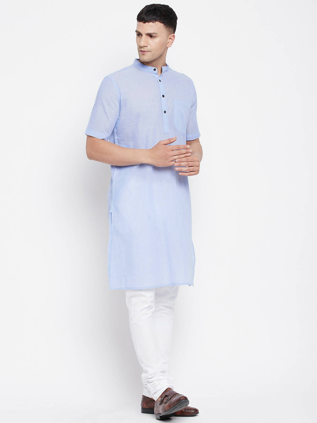 Even Apparels Blue Pure Cotton Men's H/S Kurta With Band Collar