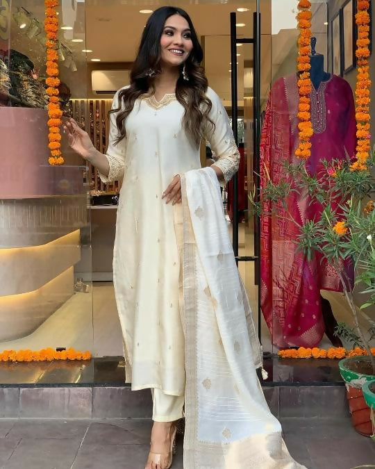 The52 White Beautiful Embroidered Viscose Chanderi Fabric Straight Kurta Pant with Dupatta Set | Grab2Buy