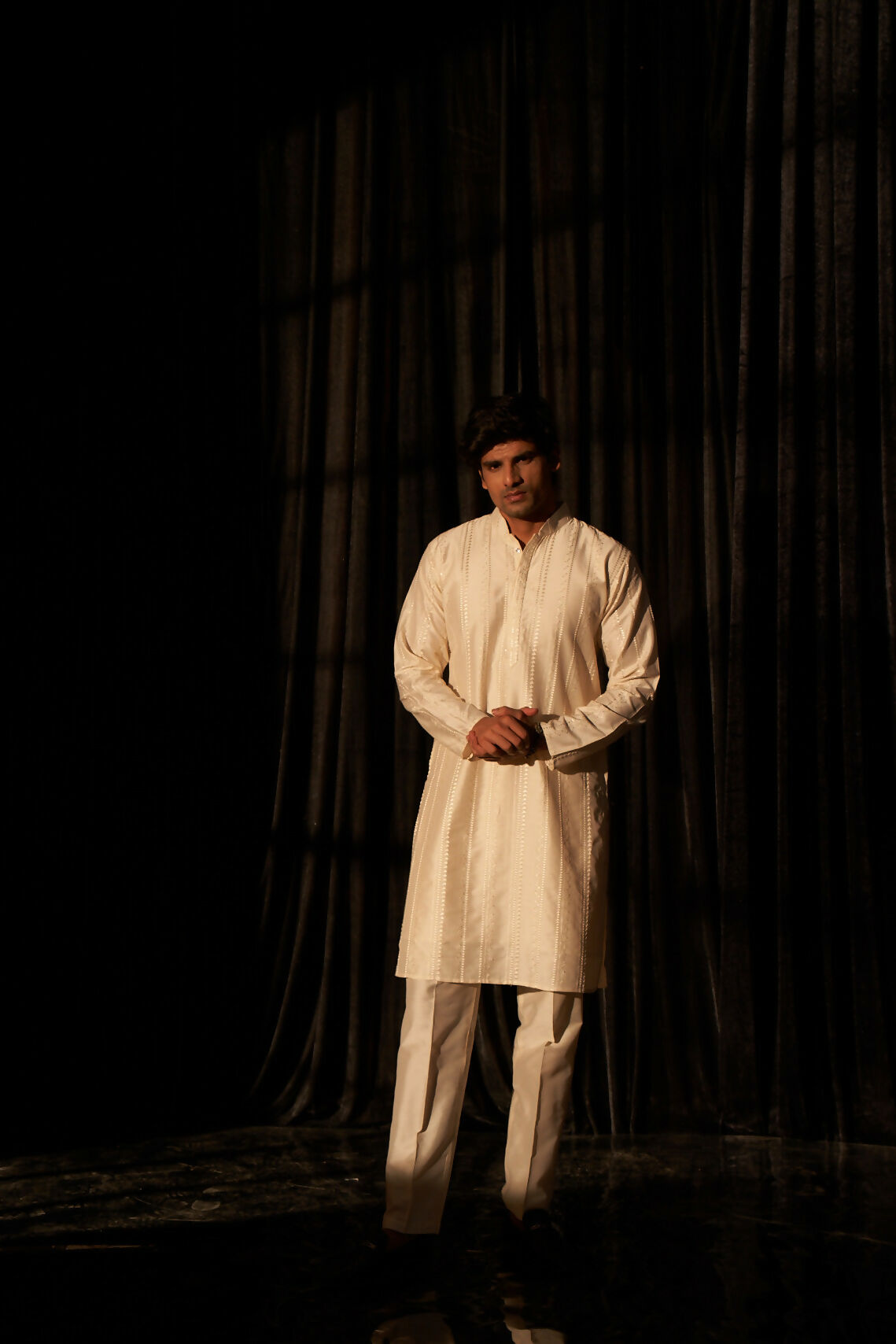 Off White Silk Designer Embroidery Work Men's Kurta Set - Mahotsav