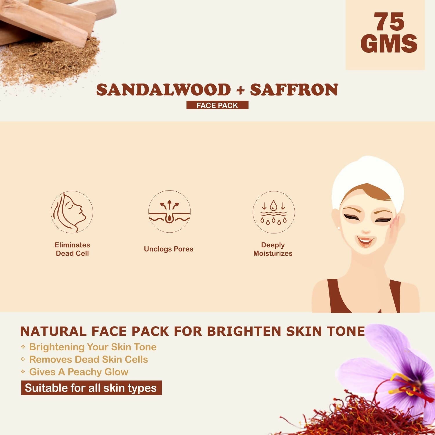 Kimayra Sandalwood + Saffron Face Pack Powder For Brighter Skin Tone, Helps In Anti-Ageing & Soothes Skin 
