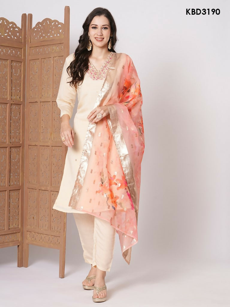 Peach PV Chanderi Embroidery Work,Printed Kurta Set - Riya