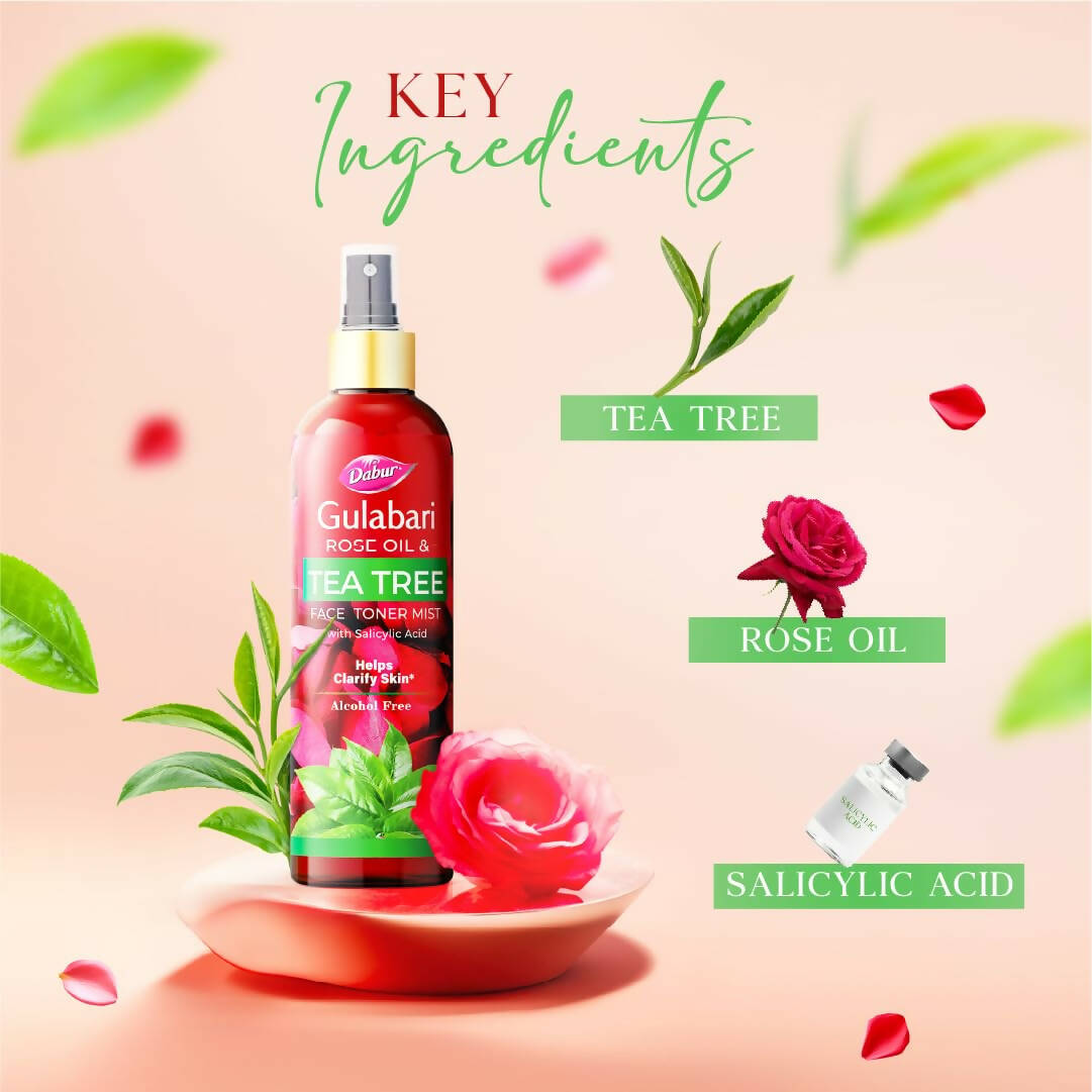 Dabur Gulabari Rose Oil & Tea Tree Face Toner Mist | Ayurvedic Toner for Pore Tightening & Glow 