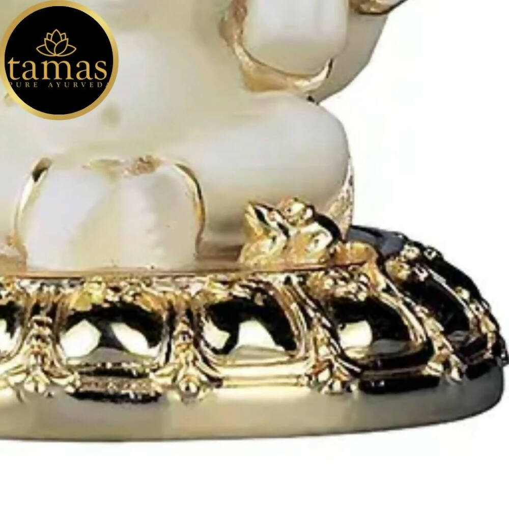 Tamas Gaj Karna Ganesh Idol | Off White & Gold | Brass Pooja Decor 