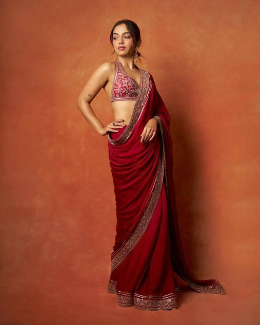 Joban Fashion Red Fandy Satin Silk Party Wear Sarees