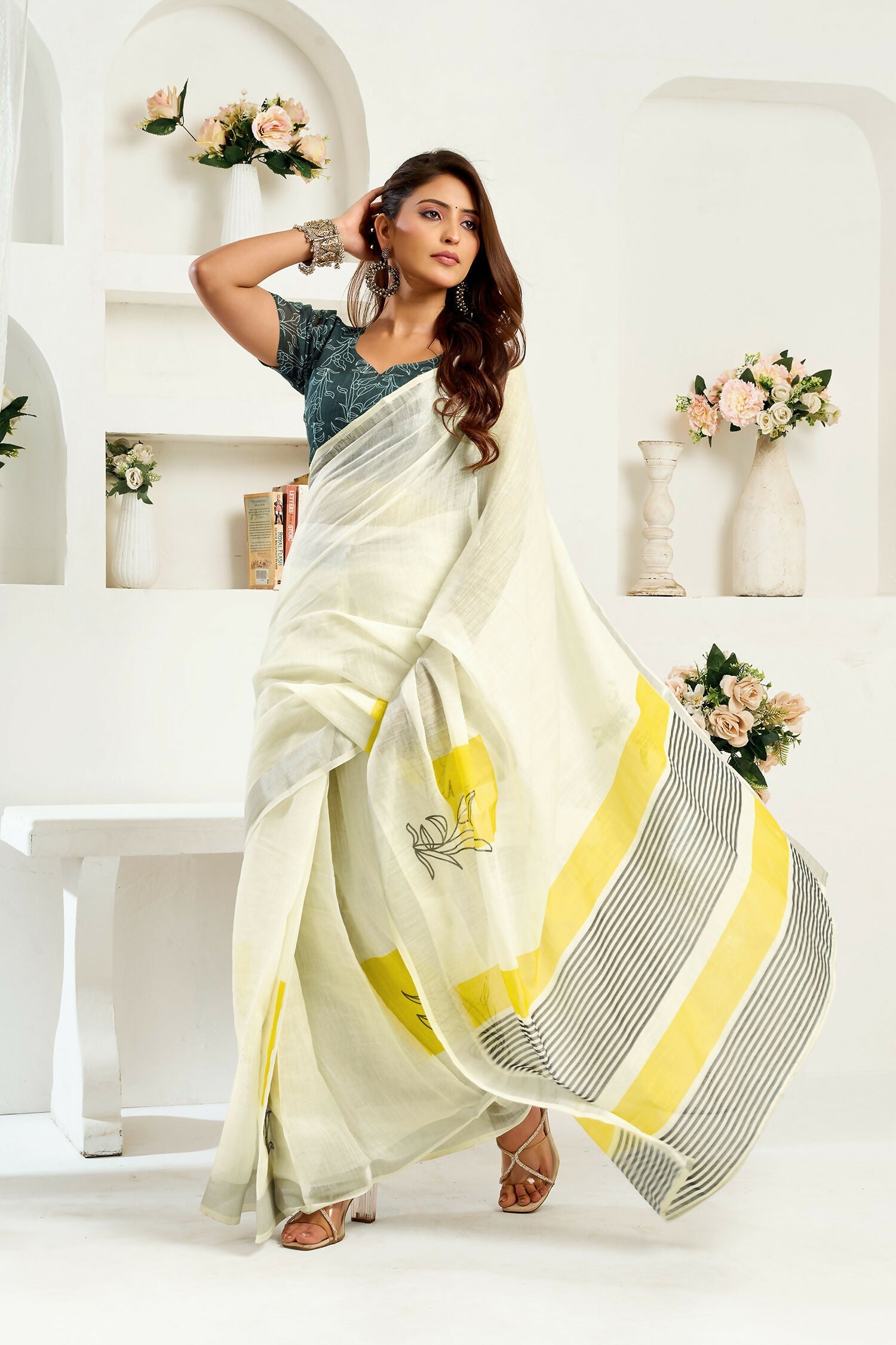 Joban Fashion Off-White Striped Linen Ready To Wear Saree With Unstitched Blouse