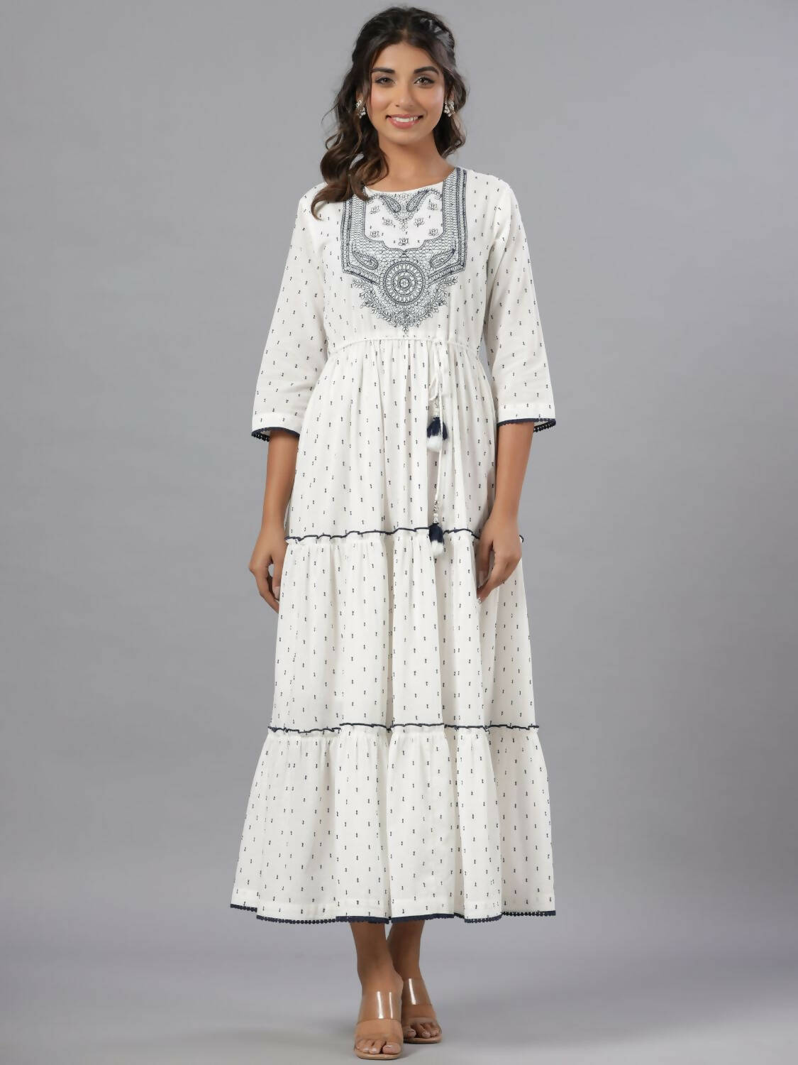 Juniper Women Off-White Cotton Dobby Embroidered Tiered Maxi Dress