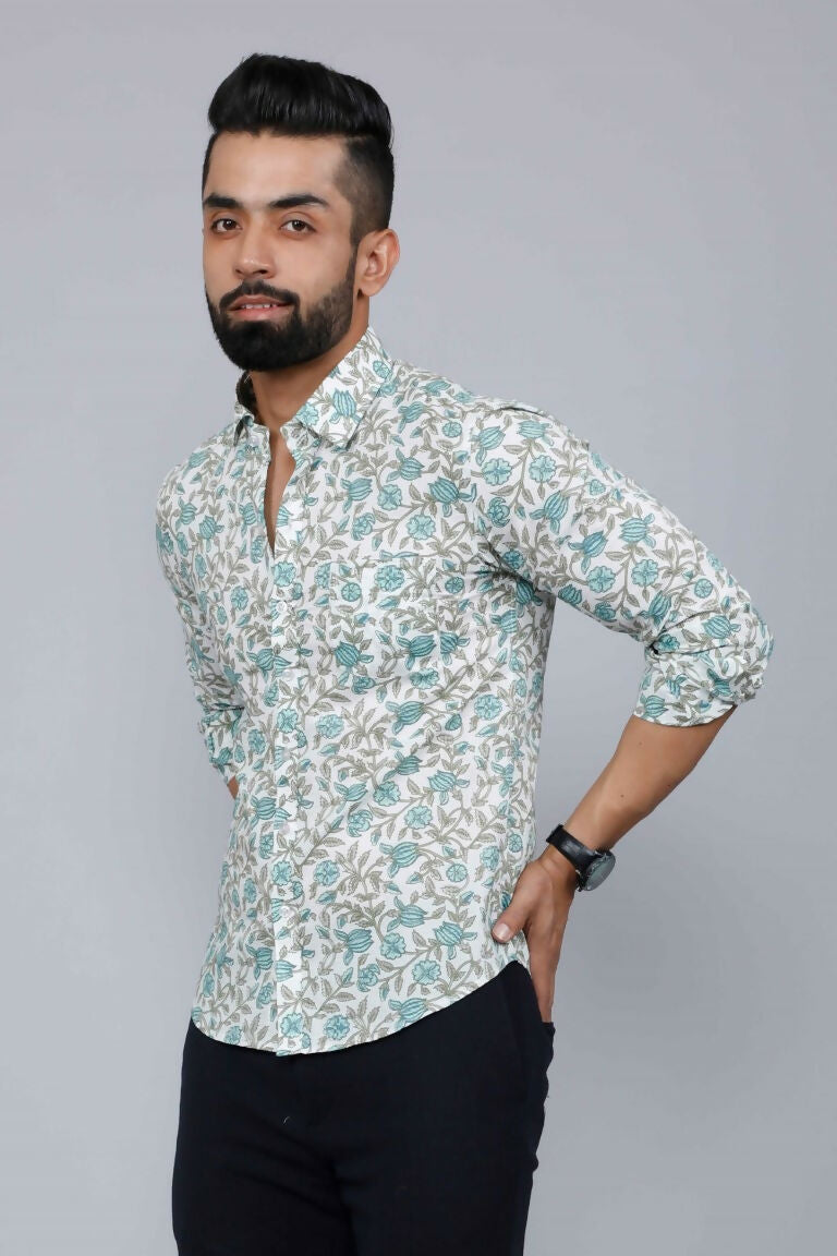 Miravan Men's Spread Collar White & Green Floral Print Slim Fit Shirt 