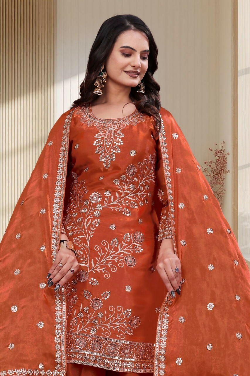Teeya Creation New Trendy Stylish Rust Orange Embroidered Silk Sharara Suit Set With Dupatta