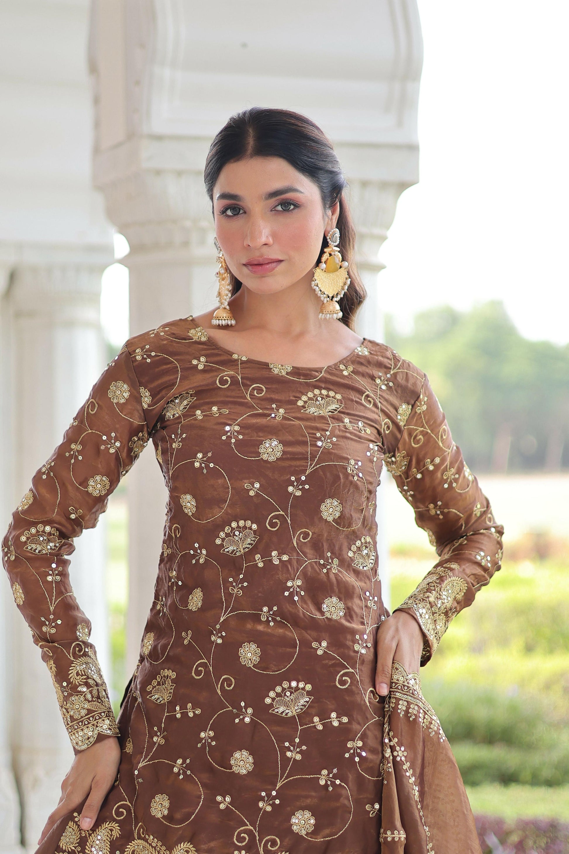 Joban Fashion Coffee Readymade Kurta Set With Sequence embroidery Work