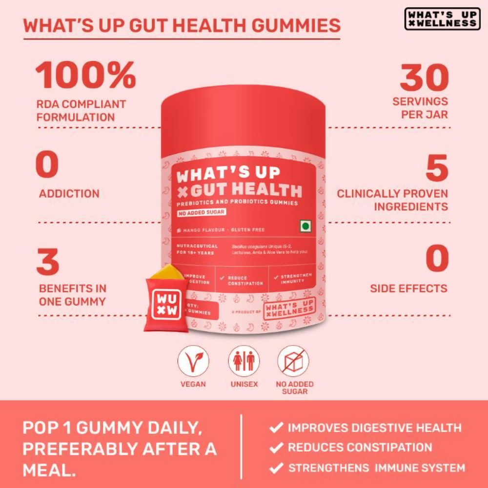 What's Up Wellness Gut Health Prebiotic & Probiotic Gummies - Mango Flavor 