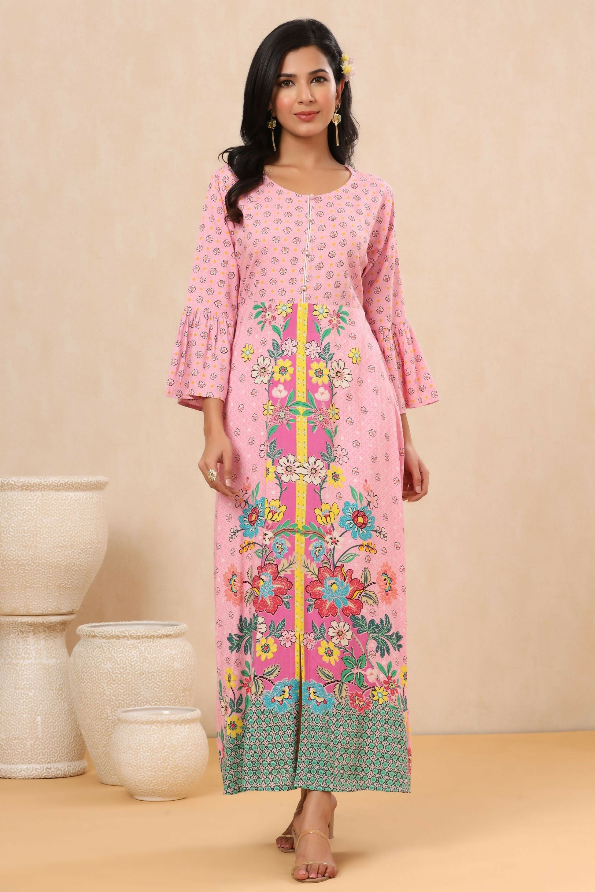 Juniper Pink Floral Printed Rayon Kurta With Buttons Closure At Back
