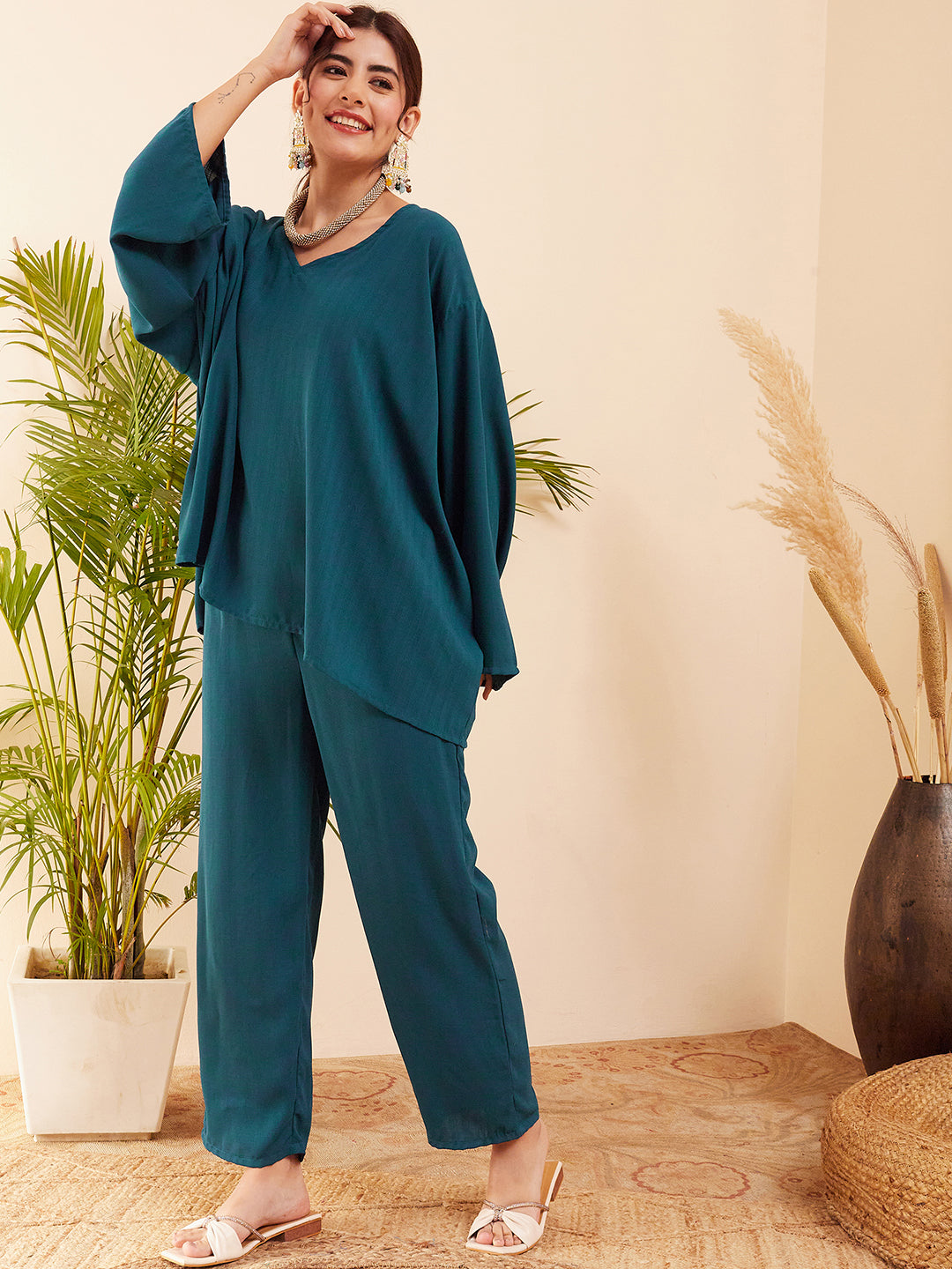 InWeave Women's Dark Ocean Full Sleeve Boho Top Bottom Set 