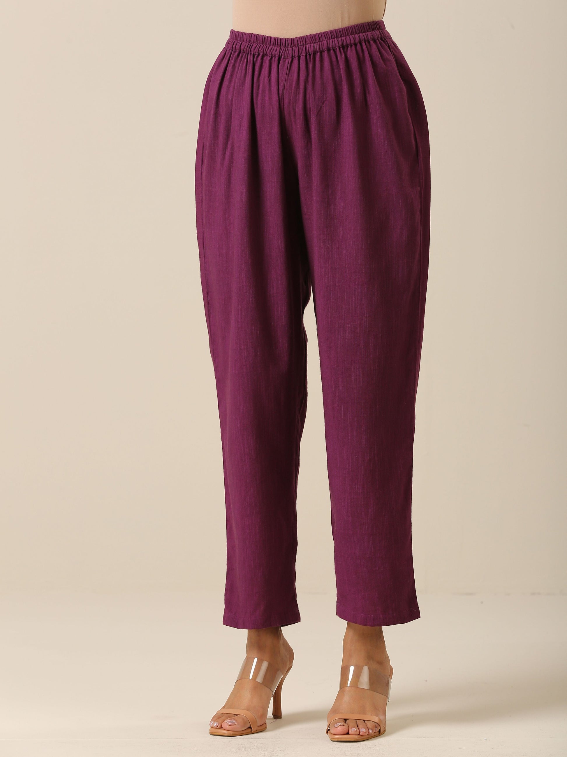trueBrowns Plum Purple Slub Texture High Low Kaftan Pant Set 