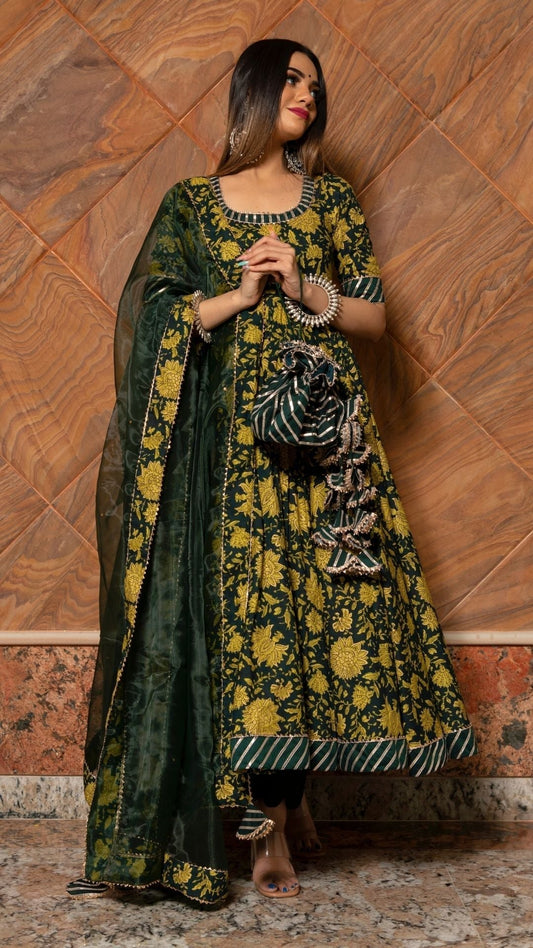 Pomcha Jaipur Idika Green Hand Block Anarkali Set 