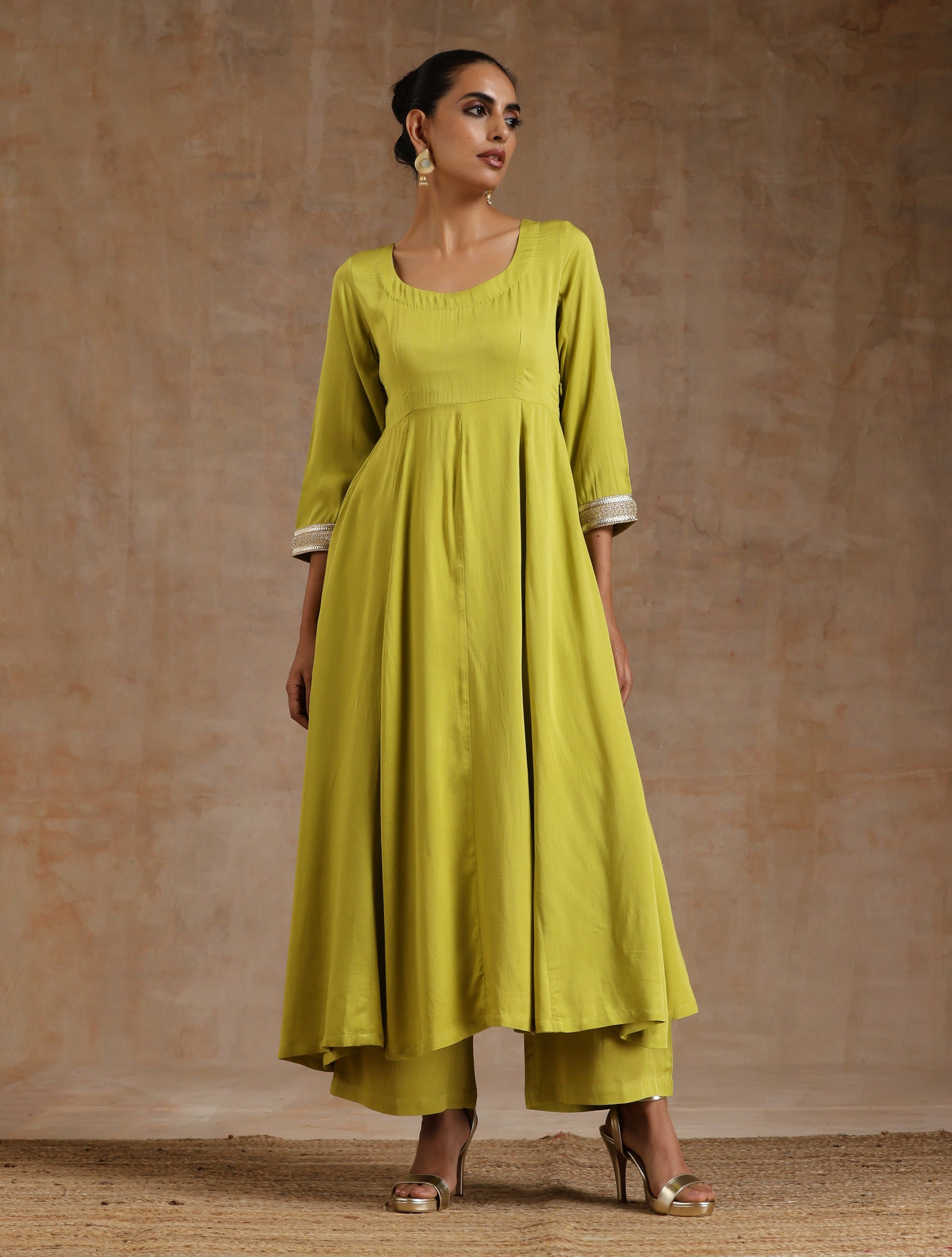 trueBrowns Lime Modal Satin Anarkali Set 