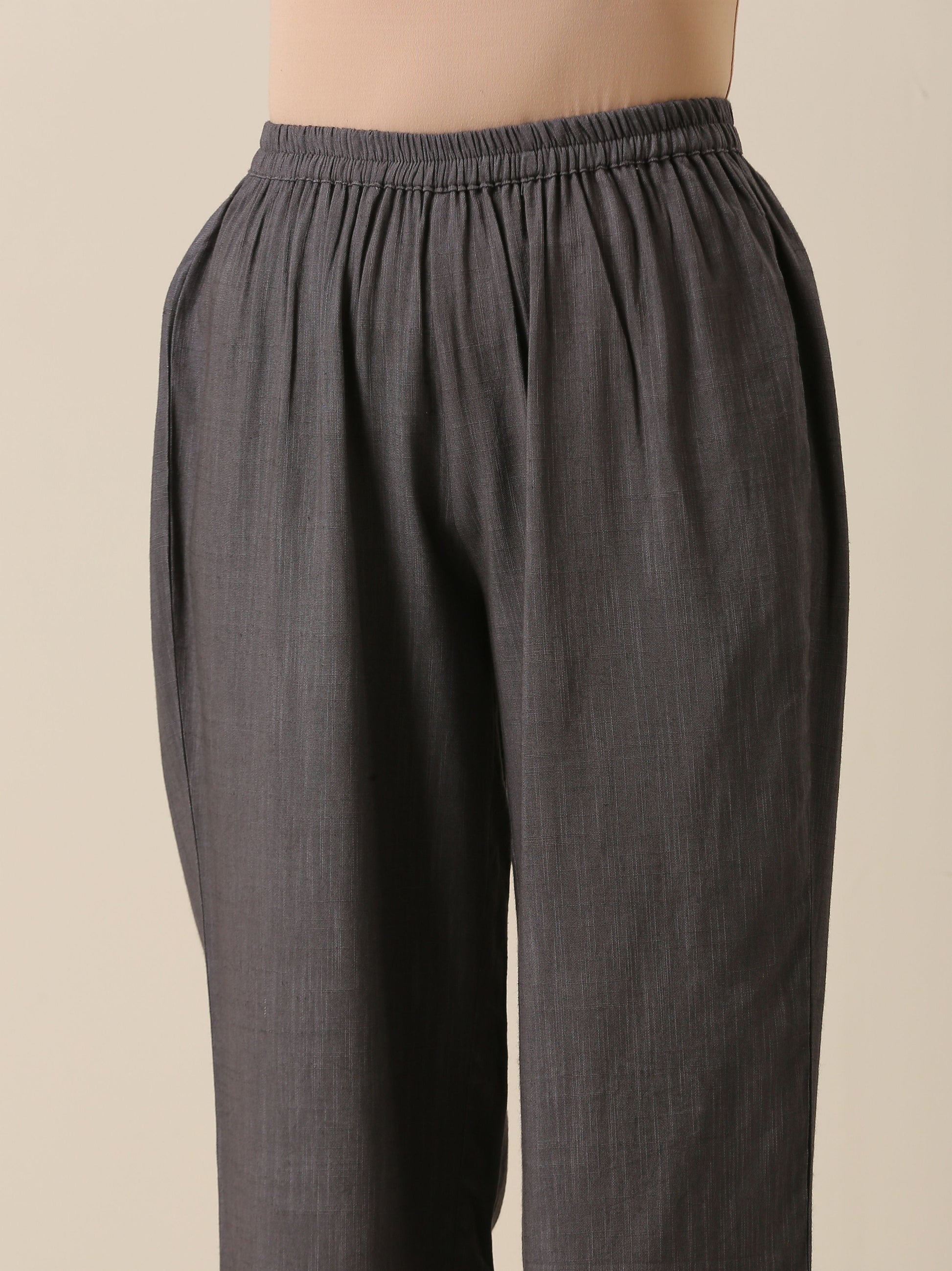 trueBrowns Slate Grey Slub Texture Overlap Pleat Kurta Pant Set 
