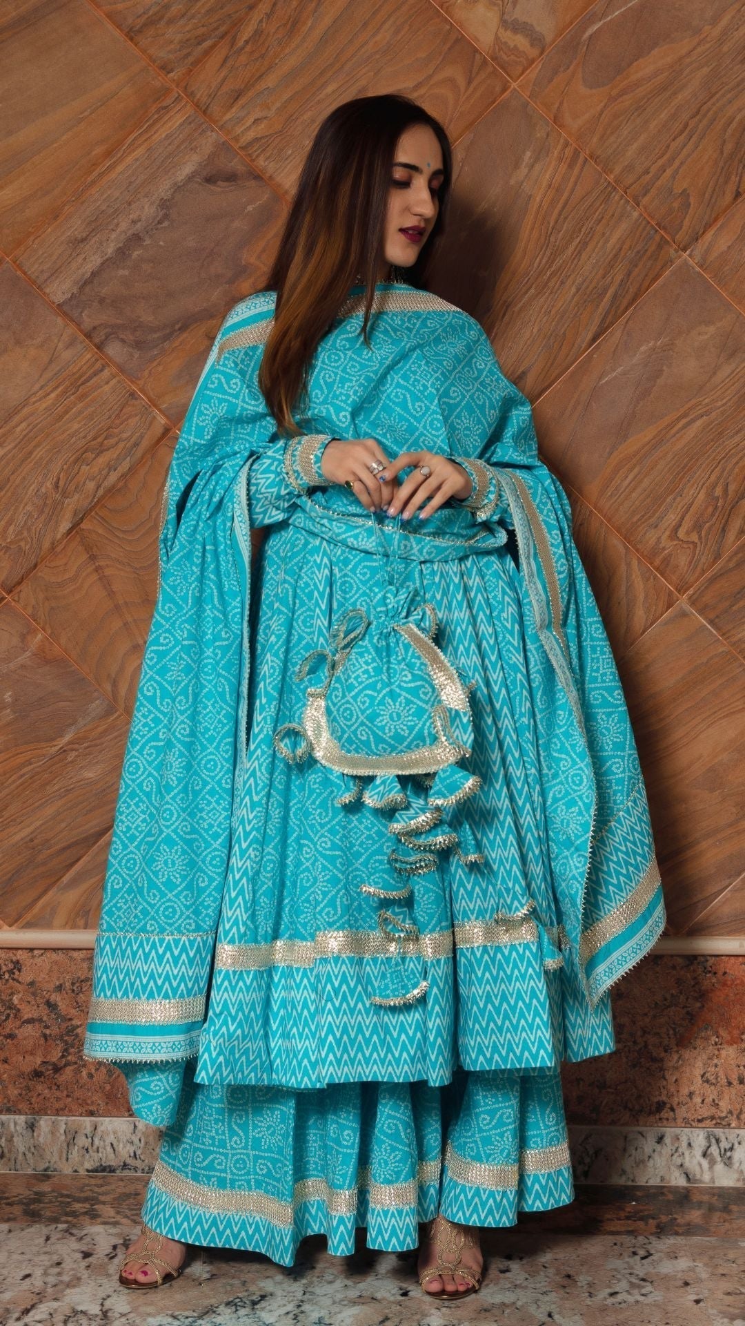 Pomcha Jaipur Neelkari Blue Cotton Anarkali Set 
