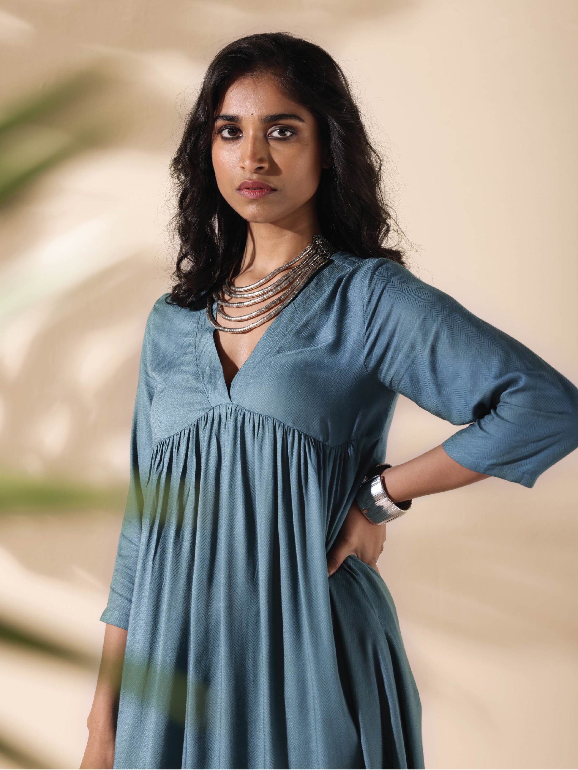 trueBrowns Turquoise Viscose Dobby Flared Kurta Pant Set 