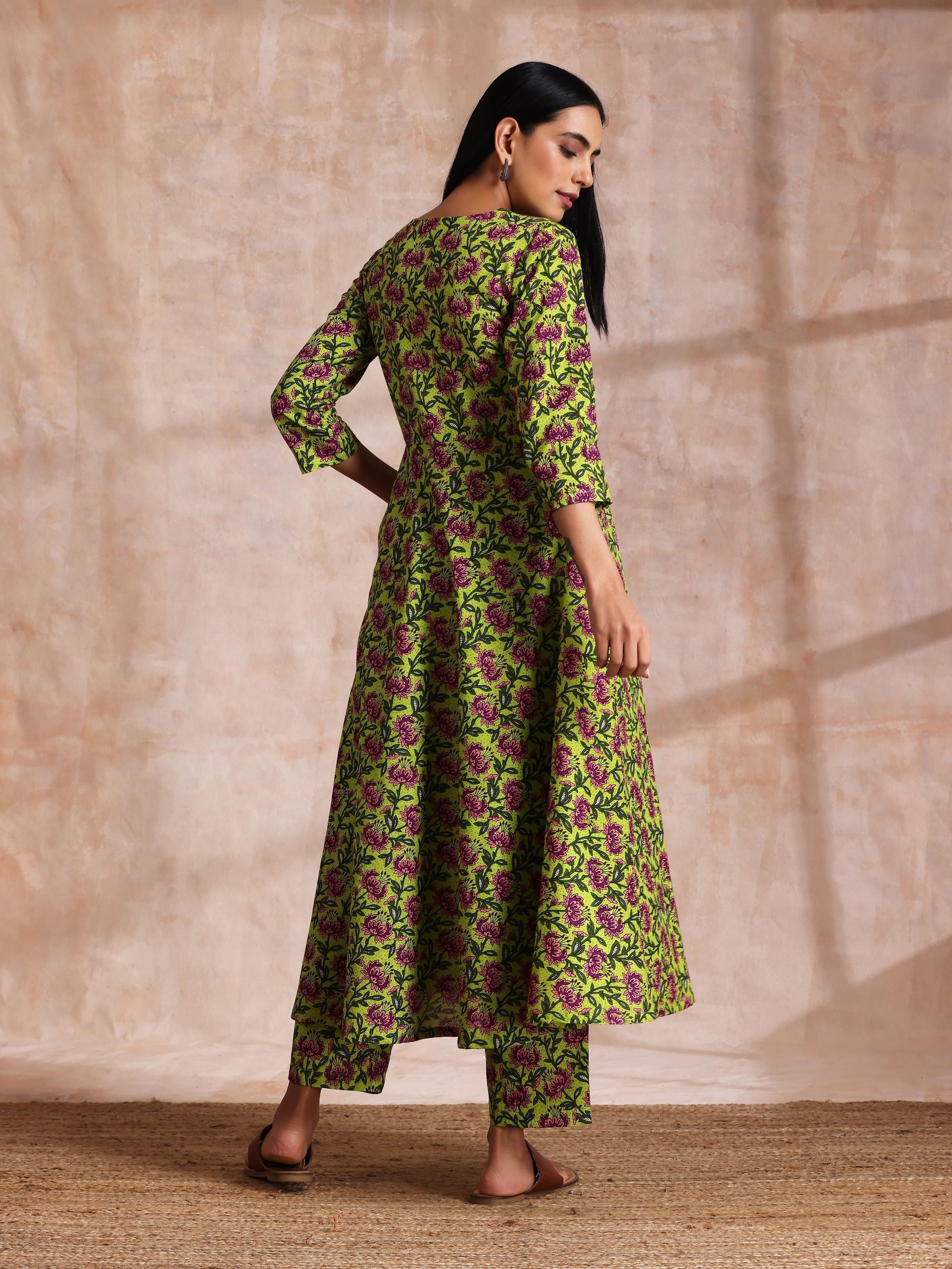 trueBrowns Lime Green Overall Pink Floral Block Print Cotton Flared Kurta Pant Set 