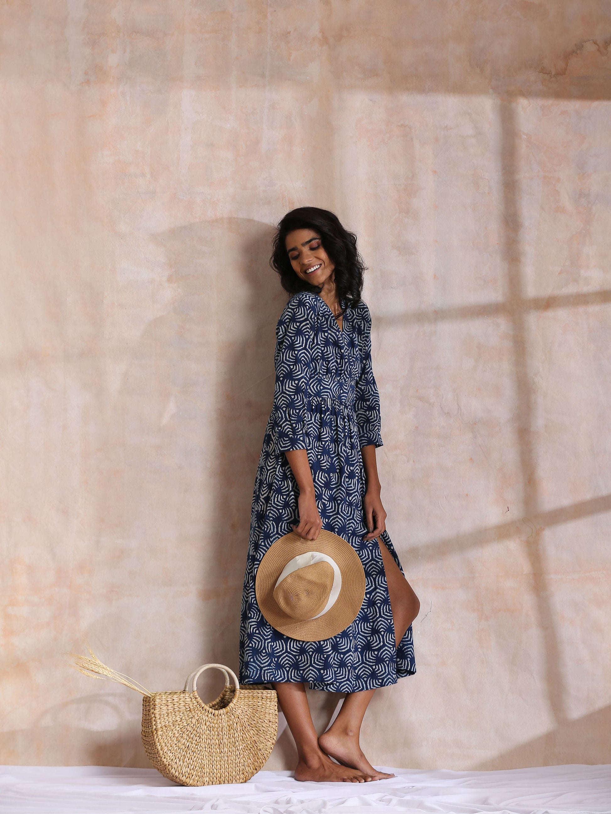 trueBrowns Indigo Dabu Overall Print Cotton Wrap Dress 
