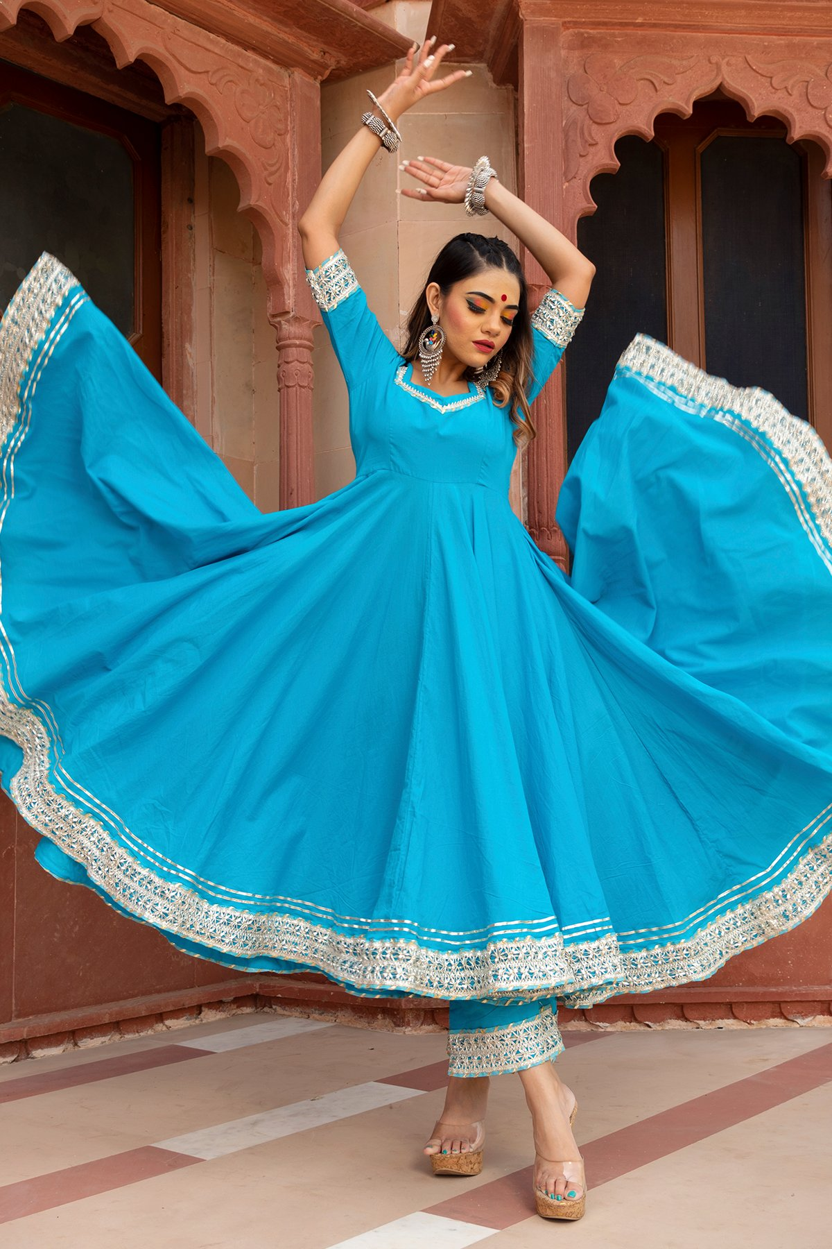 Pomcha Jaipur Kalamkari Blue Pure Cotton Anarkali Set 