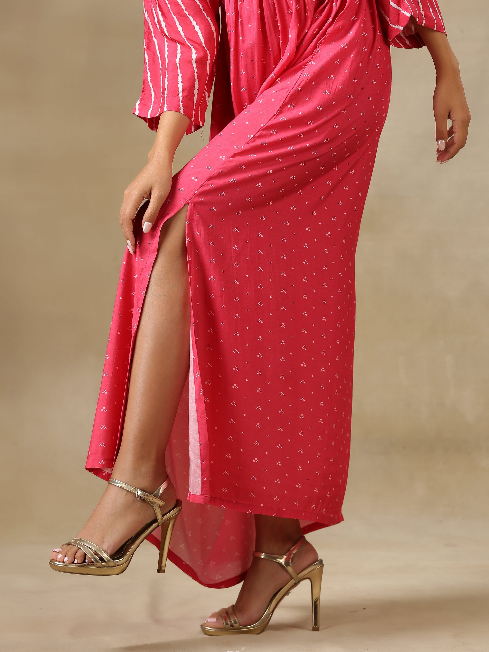 trueBrowns Pink Bandhani Printed Silk Drop Shoulder Dress 