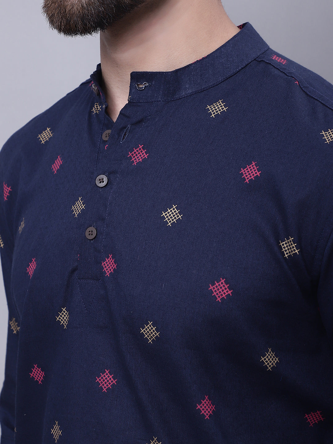 Even Apparels Blue Pure Cotton Short Kurta With Band Collar 